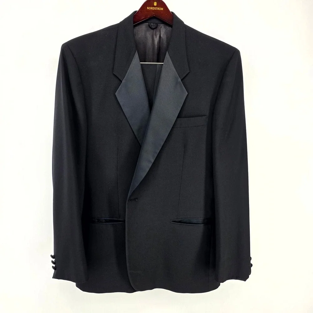 Tallia Tuxedo Suit Mens Black Tie Satin Peak Lapel Formal Wedding Gala 2pc Set
